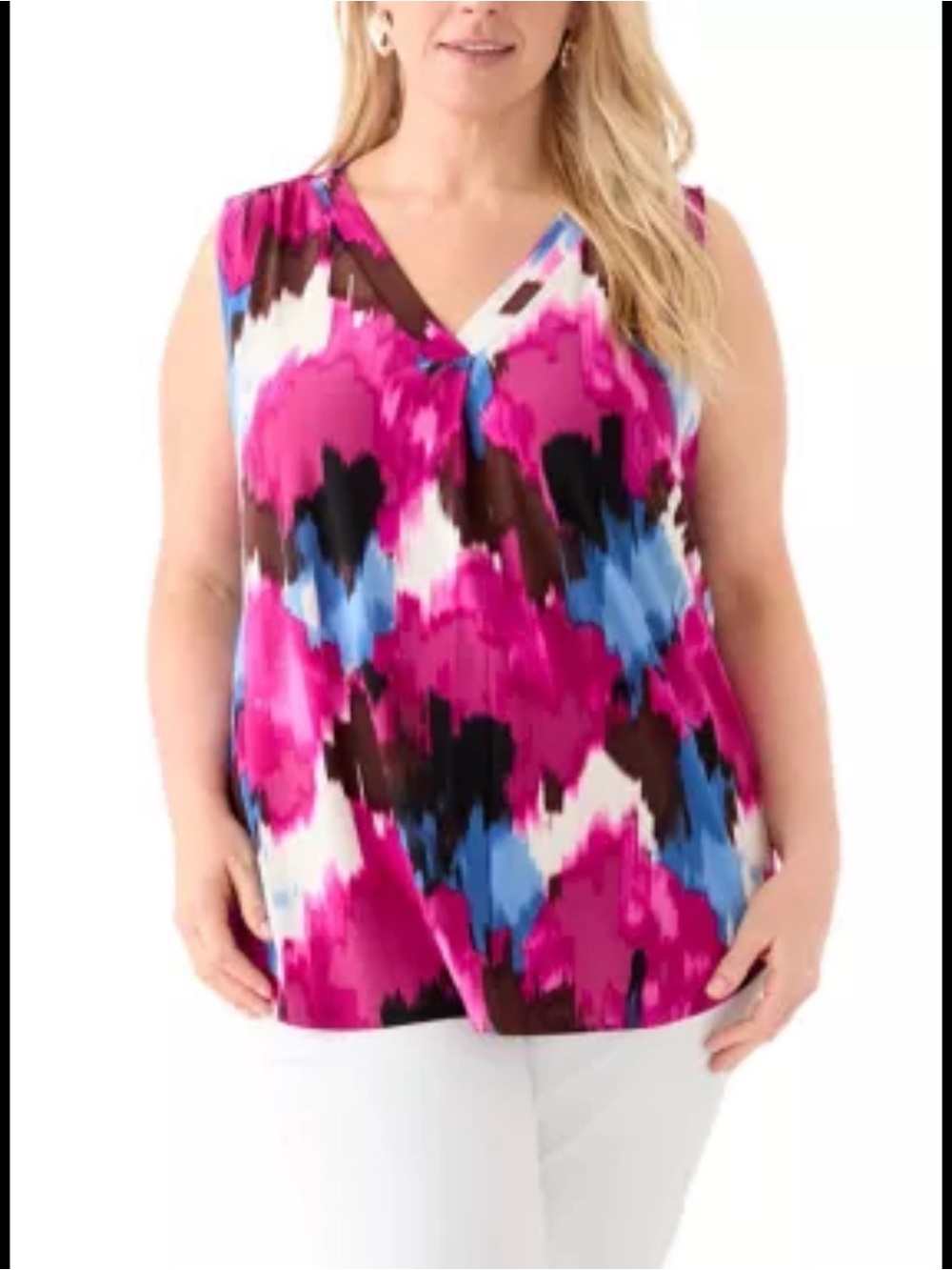 Jones New York Pink Blue Abstract V-Neck Blouse